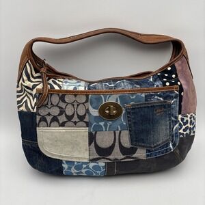 Coach Indigo Denim Blue Patchwork Ergo XL Hobo Handbag Purse Bag RARE Leather